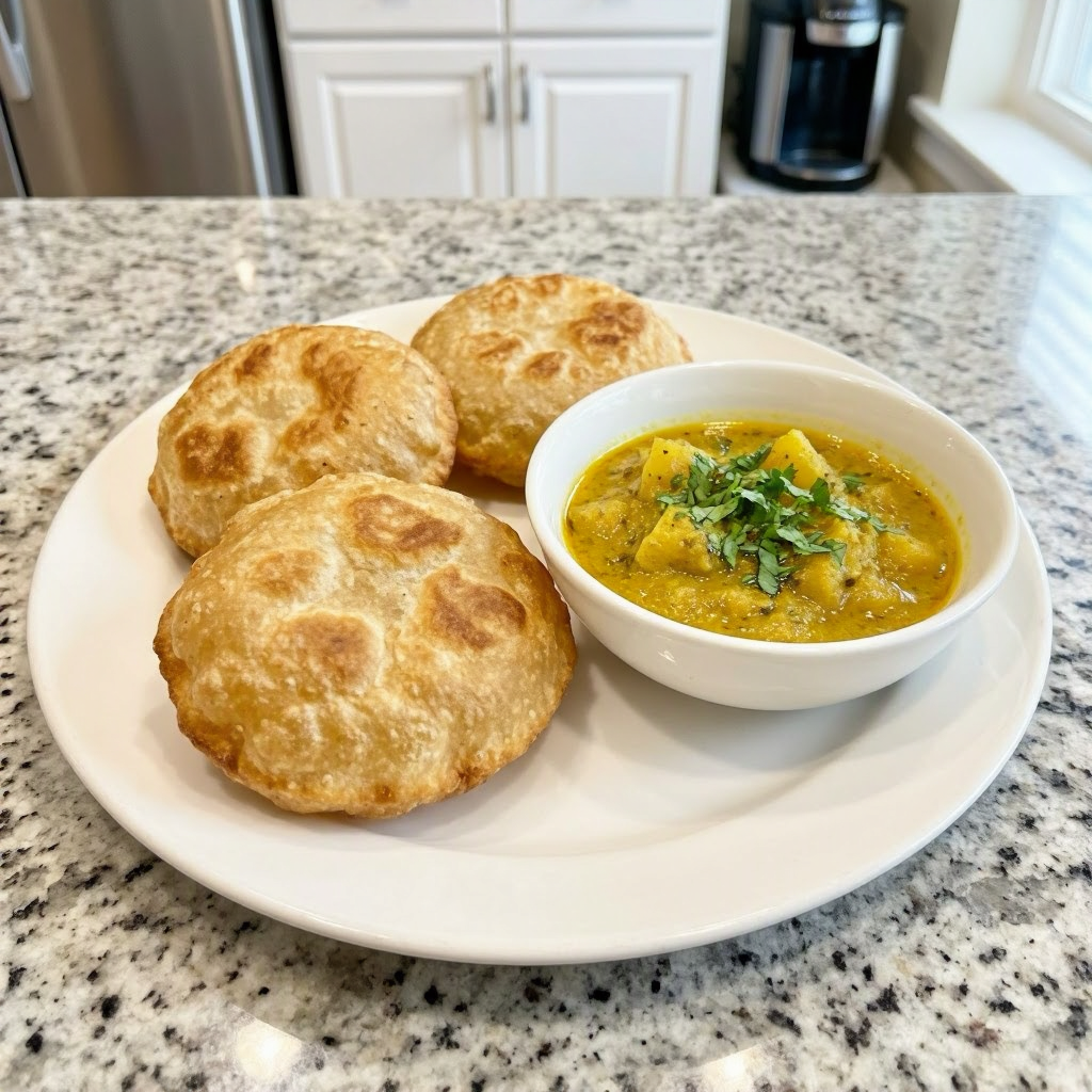 Puri Tarkari (Nepali Puffed Bread with Spicy Potato Curry)